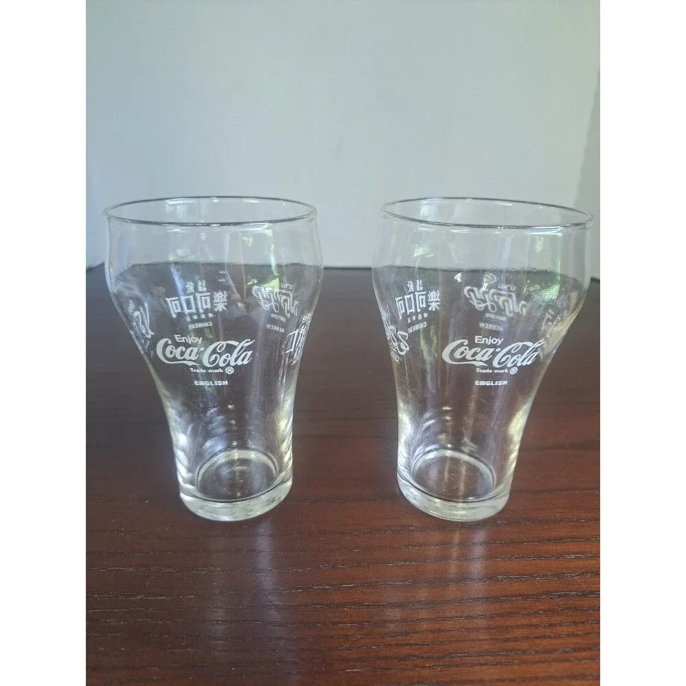 Set Of 2 Bell Shape Coke Glasses With Hebrew, English, Chinese, Japanese And...